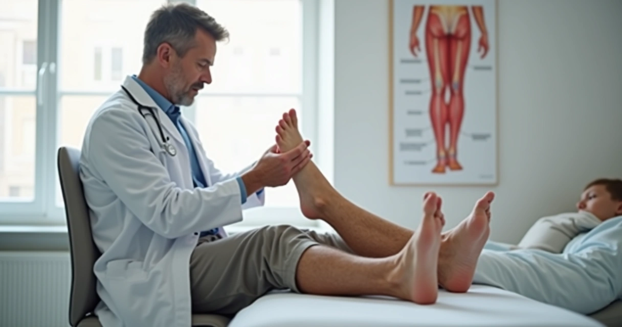 Pessoa com pés inchados sentada em consultório vascular recebendo orientação médica 