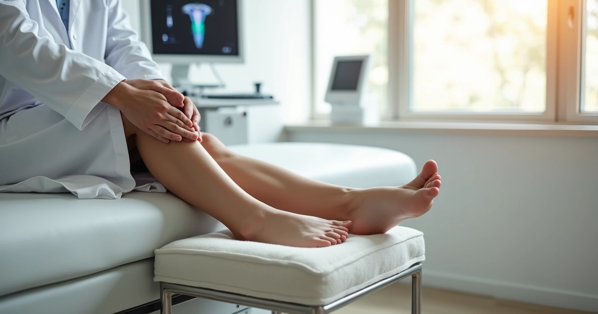 Pessoa com pés inchados sentada em consultório médico vascular 