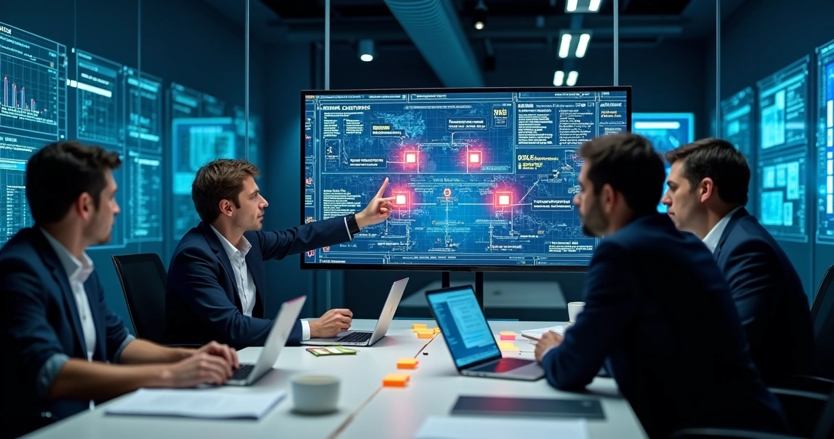 IT professionals gathered in a meeting room discussing computers 