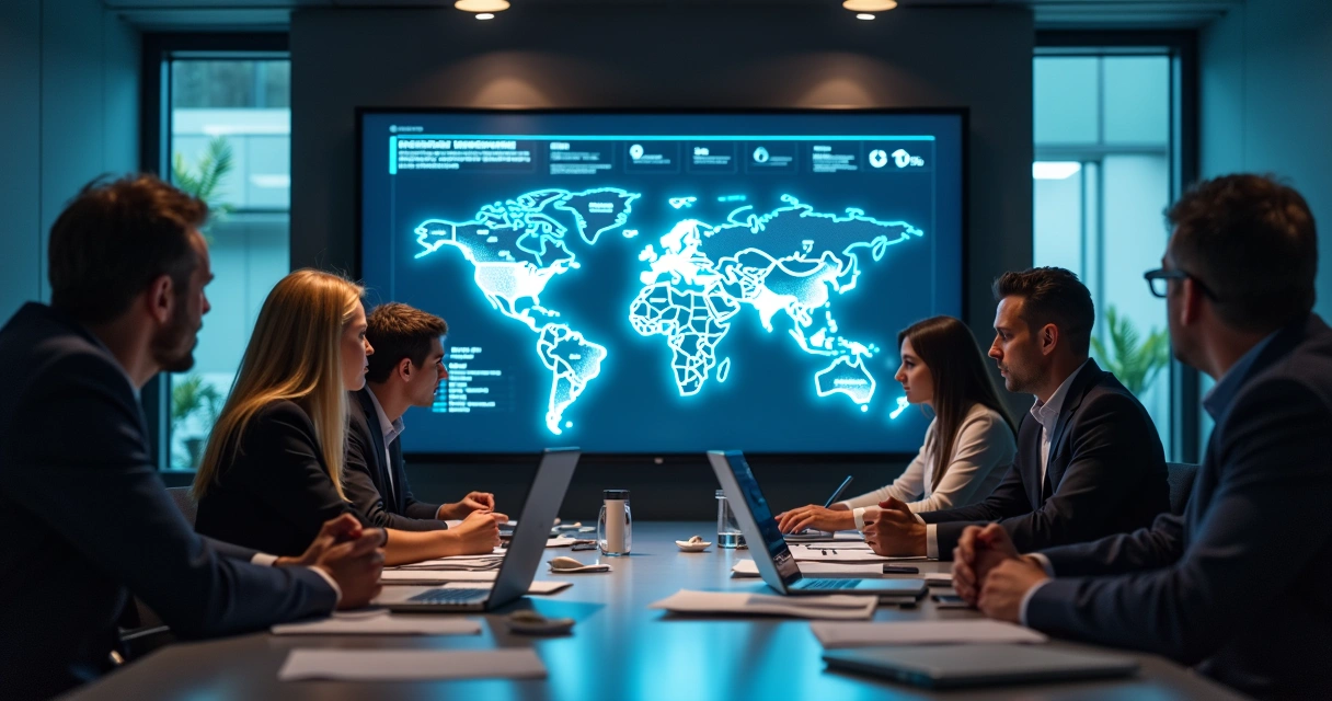 Incident response team discussing in a meeting room with digital security charts on screen