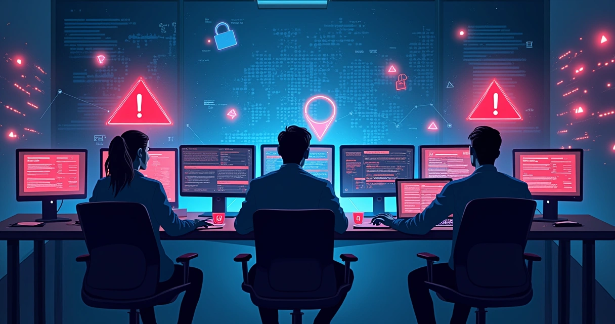 Equipe de TI monitorando telas após um ataque cibernético na empresa. 