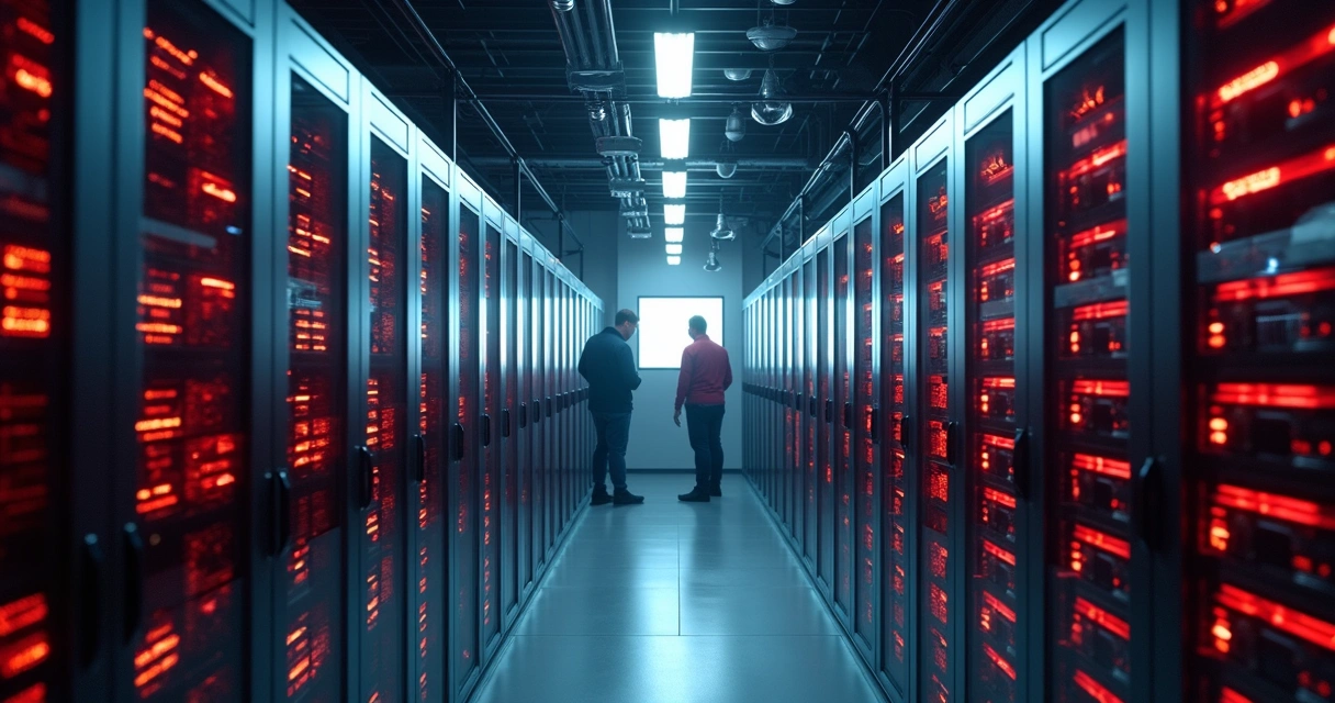 Centro de dados moderno com servidores e luzes de alerta 