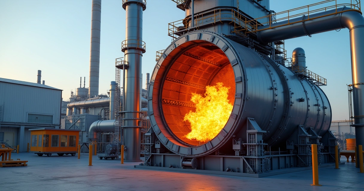 Forno de incineração industrial em operação com chamas visíveis em área externa controlada 
