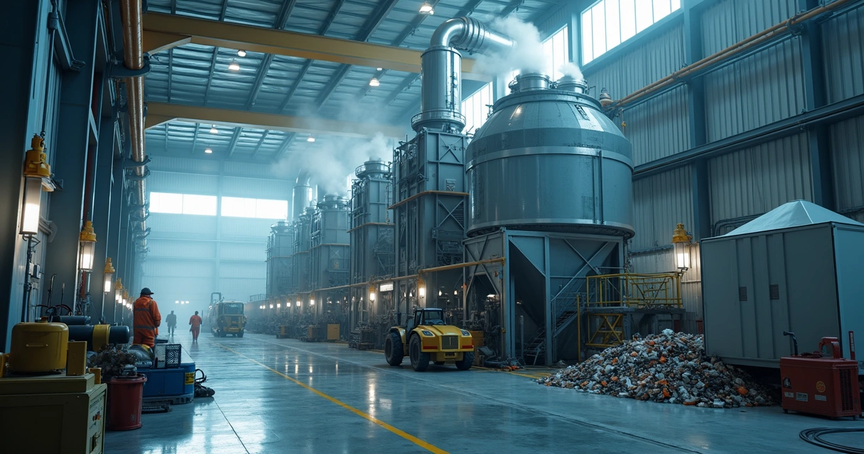 Incinerador industrial em operação com resíduos hospitalares 