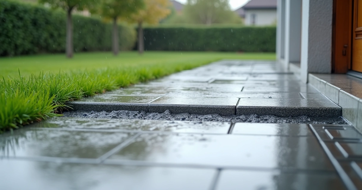 Inclinação suave de piso externo mostrando escoamento da água da chuva 