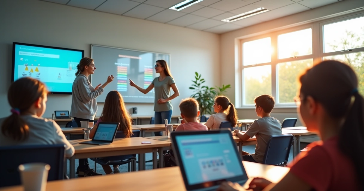 Sala de aula moderna com tecnologia inclusiva e estudantes diversos 
