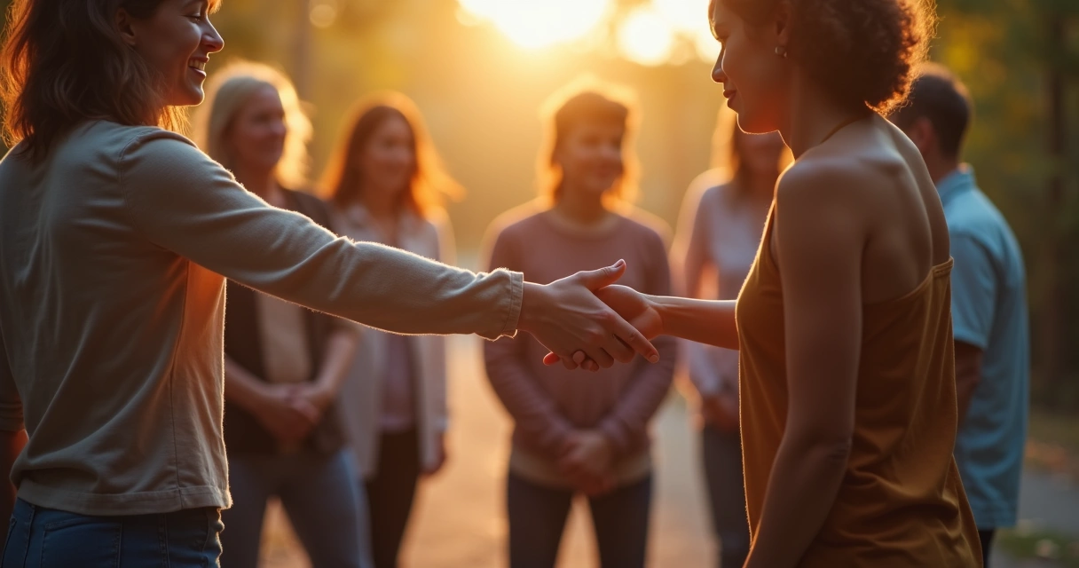 Pessoa dando as mãos a alguém afastado do grupo 