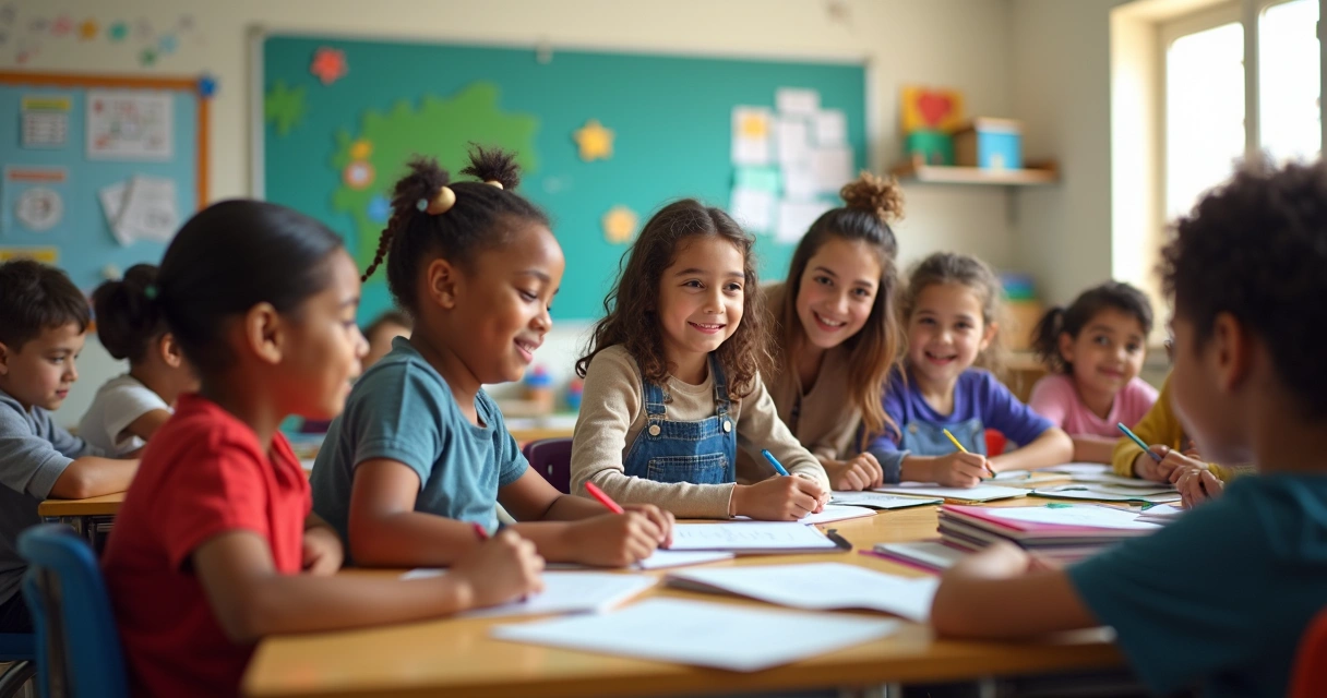 Sala de aula diversa com alunos de diferentes perfis aprendendo juntos 