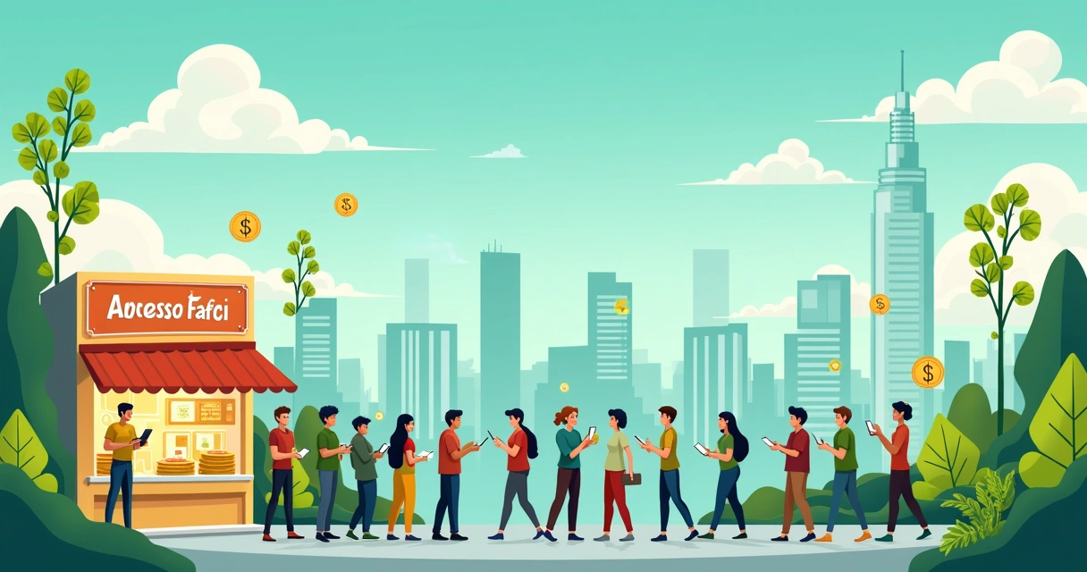 Grupo diversificado interagindo com dispositivos digitais em uma cidade moderna, simbolizando inclusão financeira.