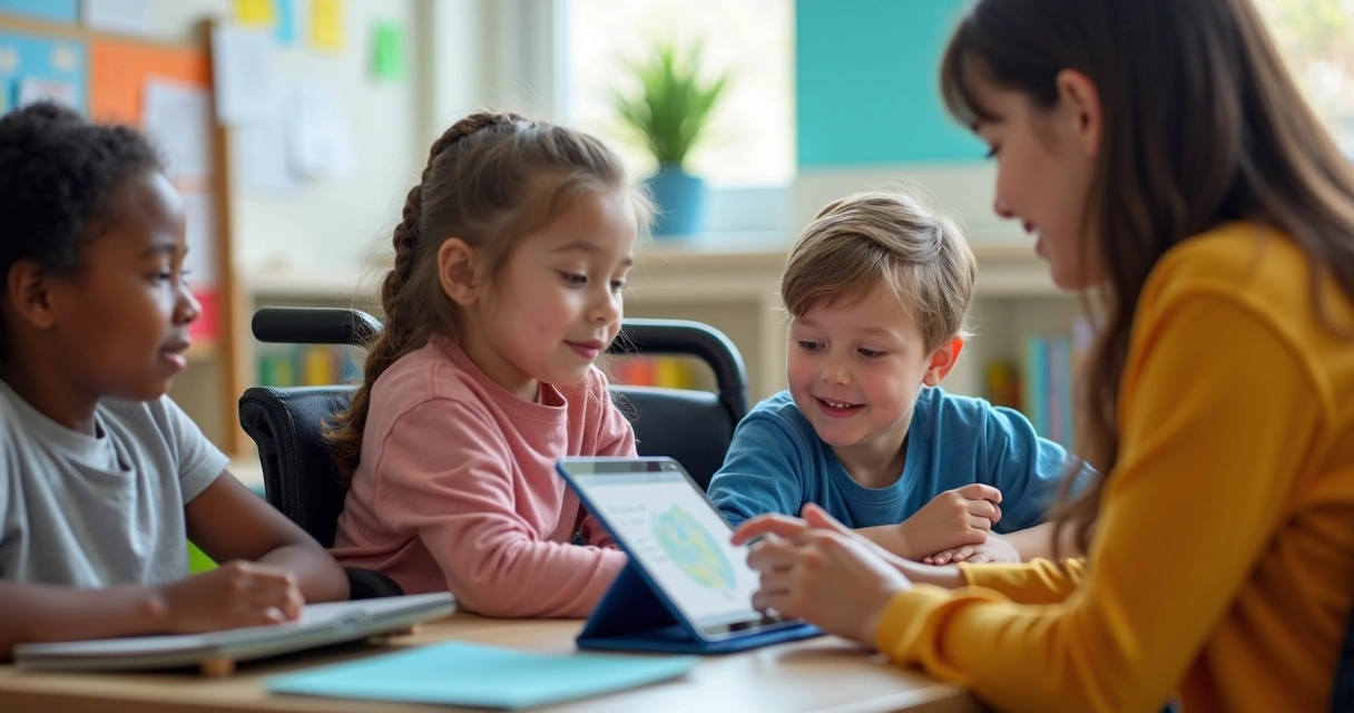 Alunos com necessidades especiais usando tablet em sala inclusiva. 
