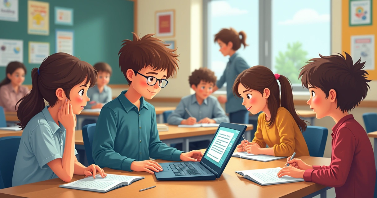 Aluno com deficiência visual usando tecnologia assistiva apoiado pela professora 