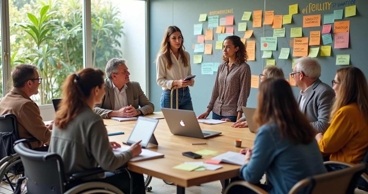Grupo diverso em reunião colaborativa representando inclusão social e autogestão 
