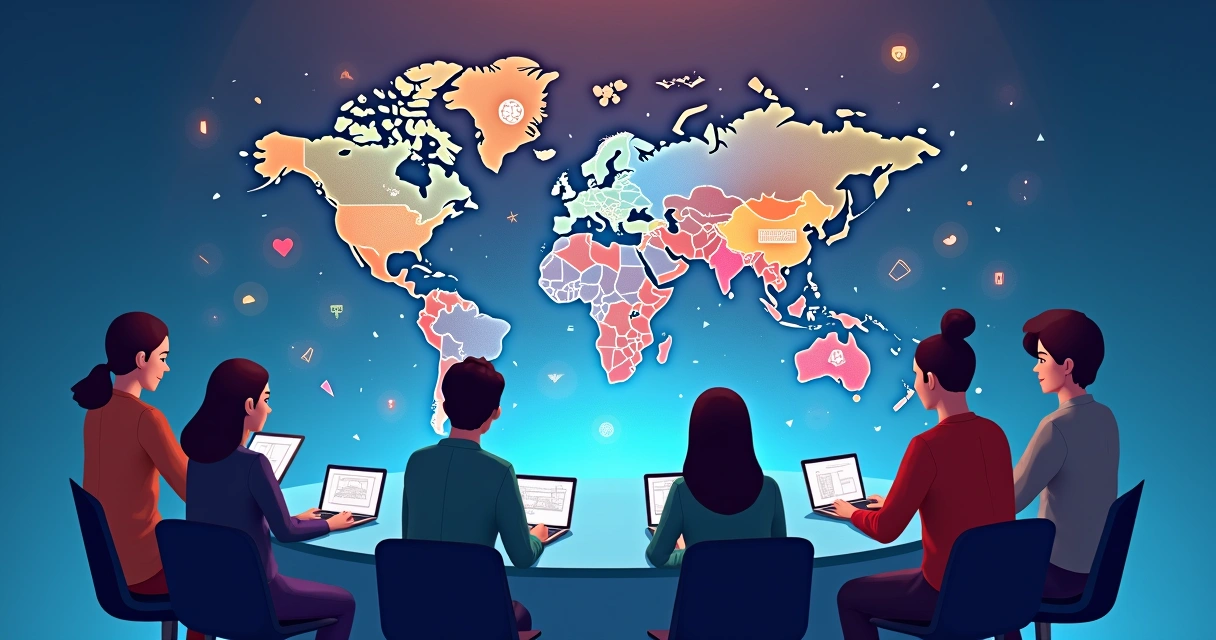 Múltiplas pessoas com tablets diante de mapas de países do BRICS 