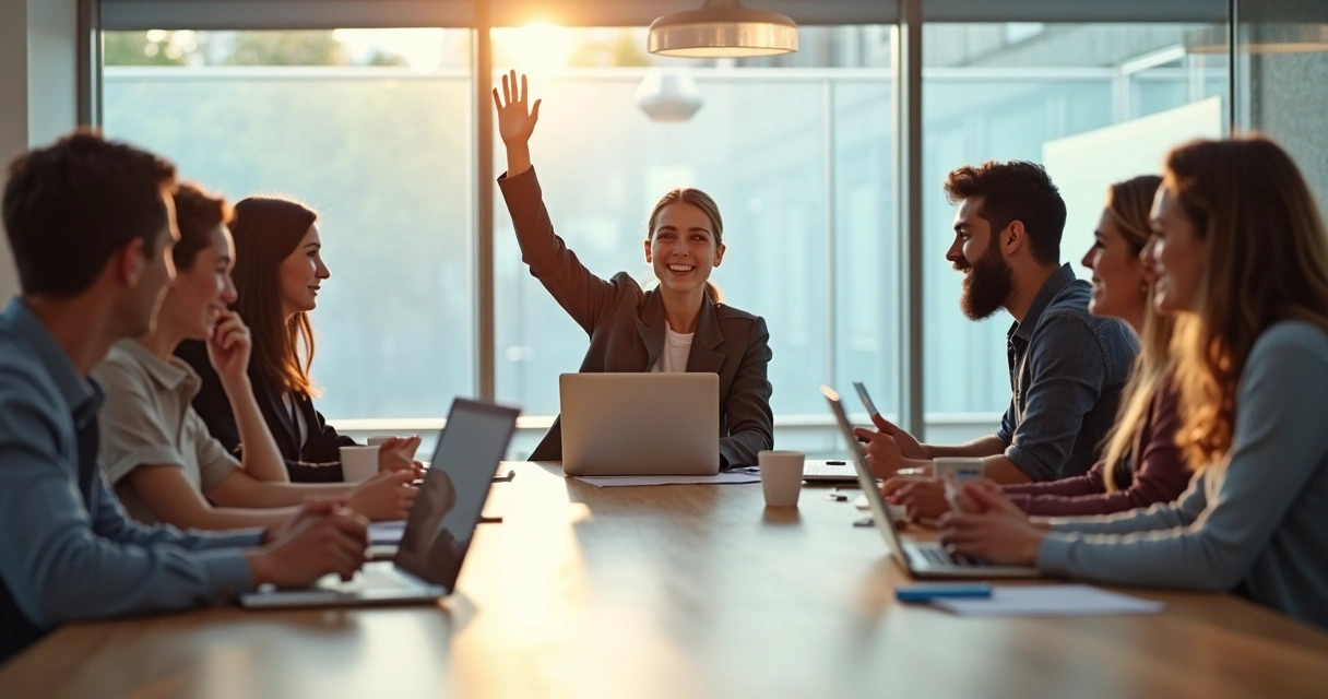 Colleague raising hand to contribute during a diverse group discussion