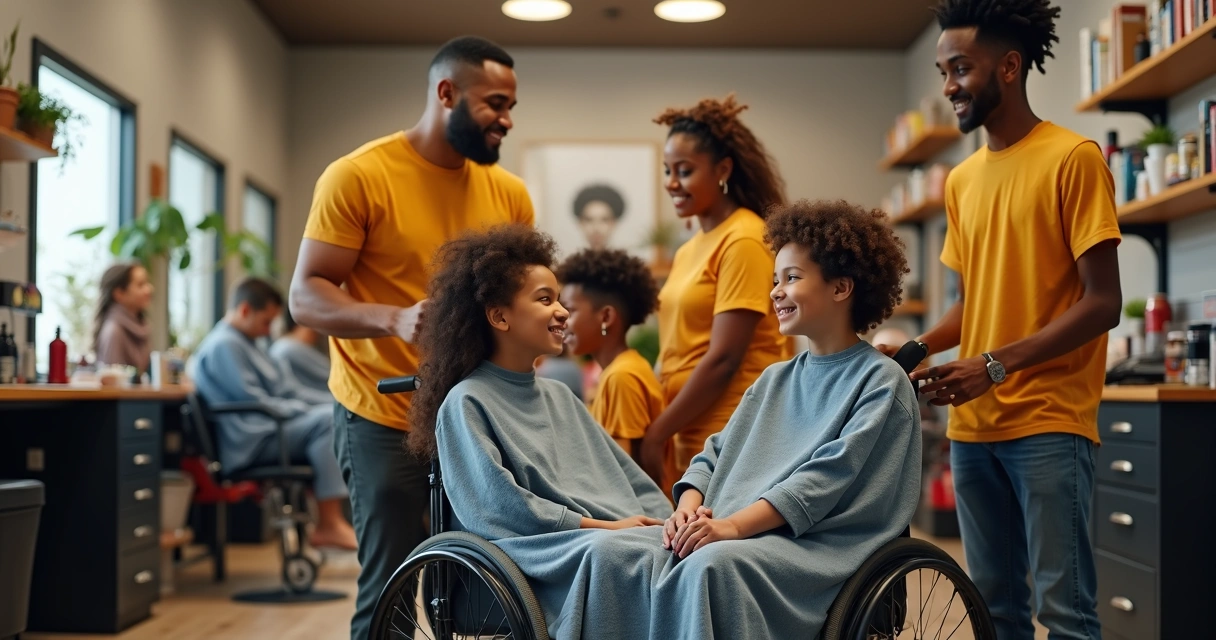 Diverse families in inclusive barbershop setting 