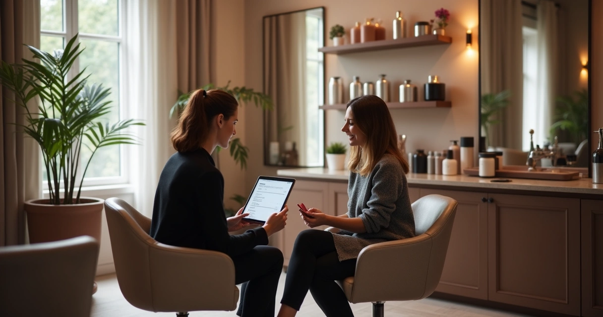 Private beauty consultation between client and stylist in a modern salon