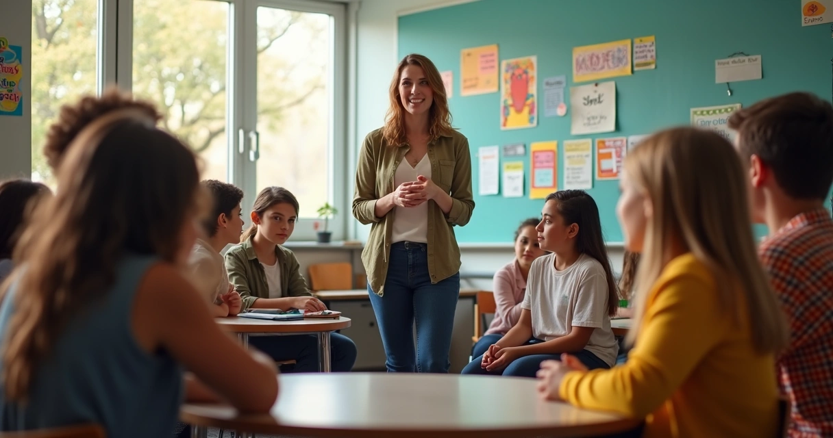Teacher leading a classroom discussion with engaged students 
