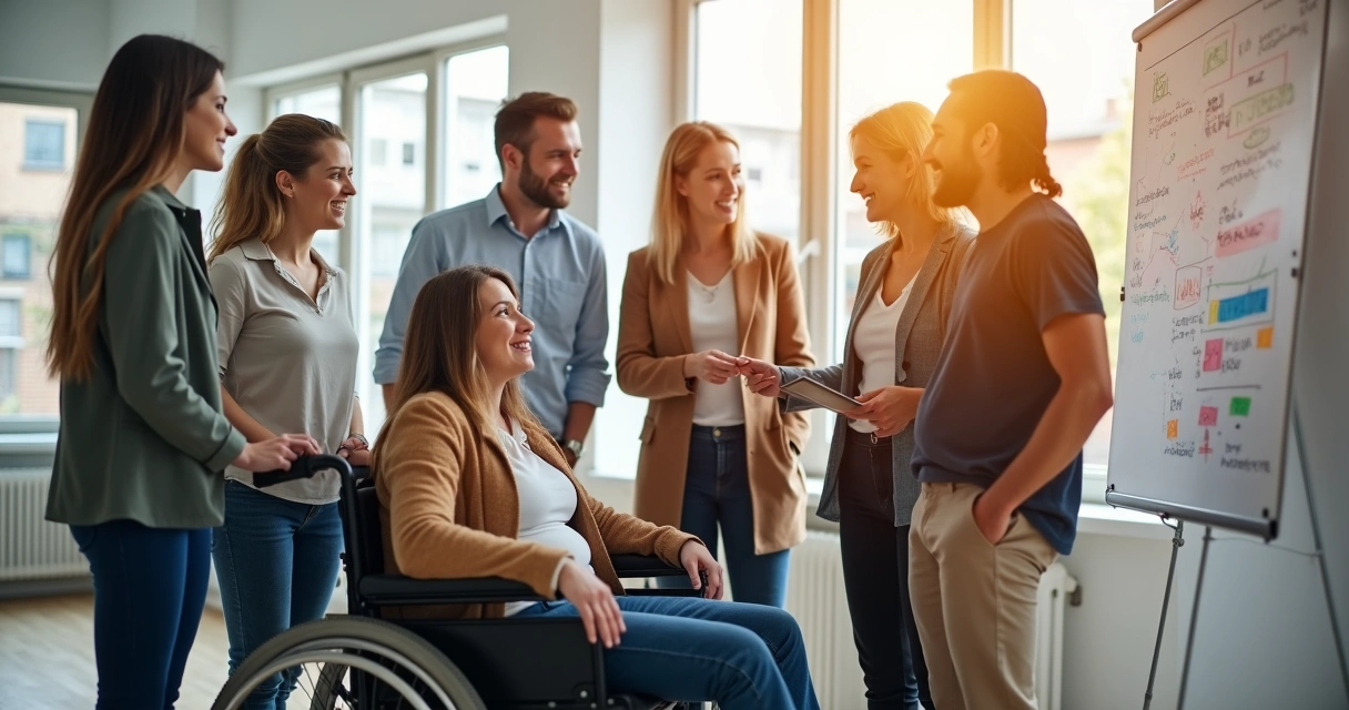 People of different ages and abilities collaborating in a bright workspace