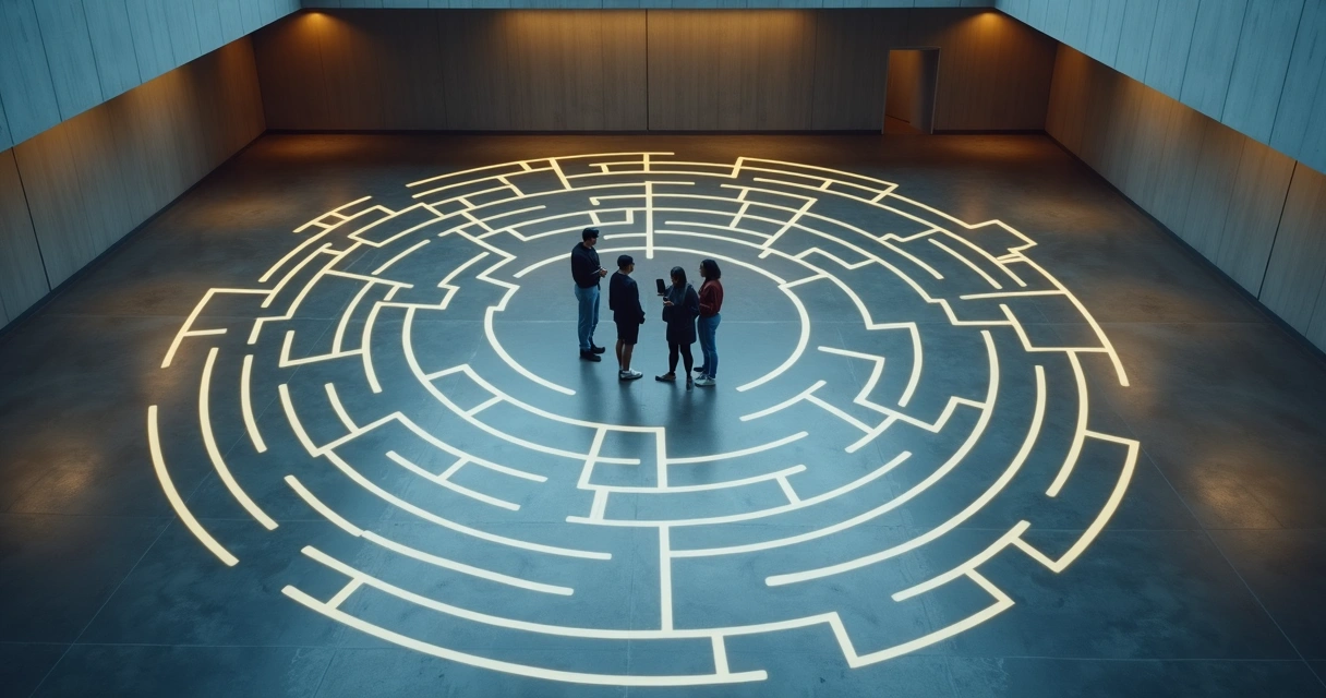 Aerial view of a human labyrinth with one person left near the edge 