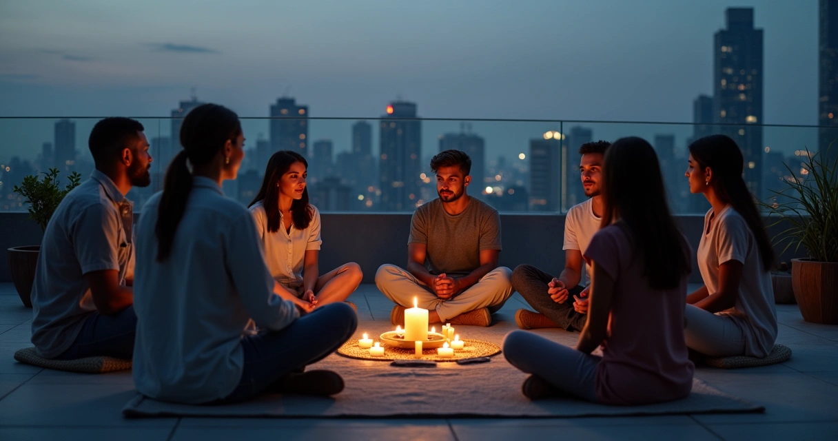 Diverse group in city rooftop circle sharing candlelit community dialogue 
