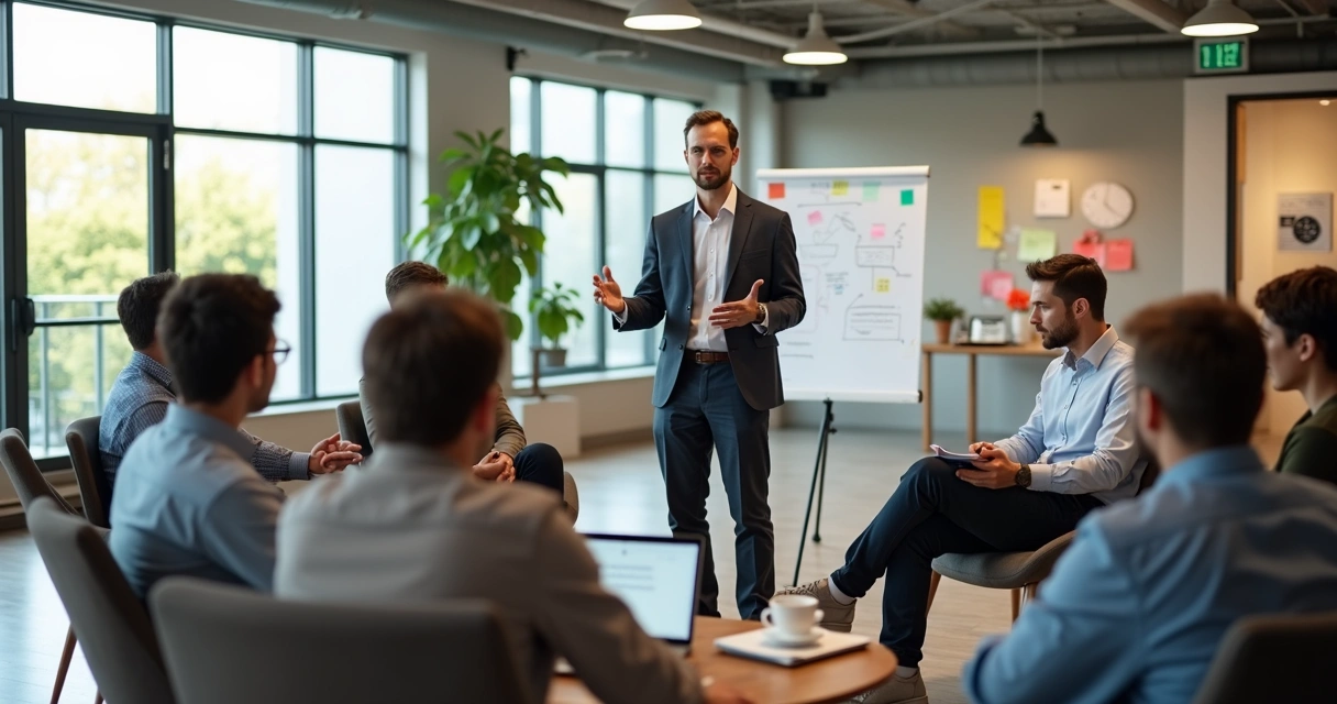 Leader guiding diverse team in open office meeting circle 