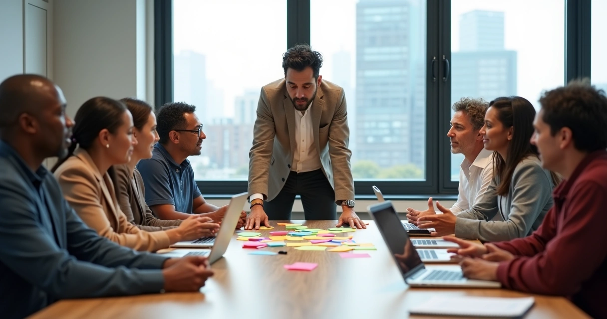 Diverse team in a modern office collaborating around a table with an inclusive leader 