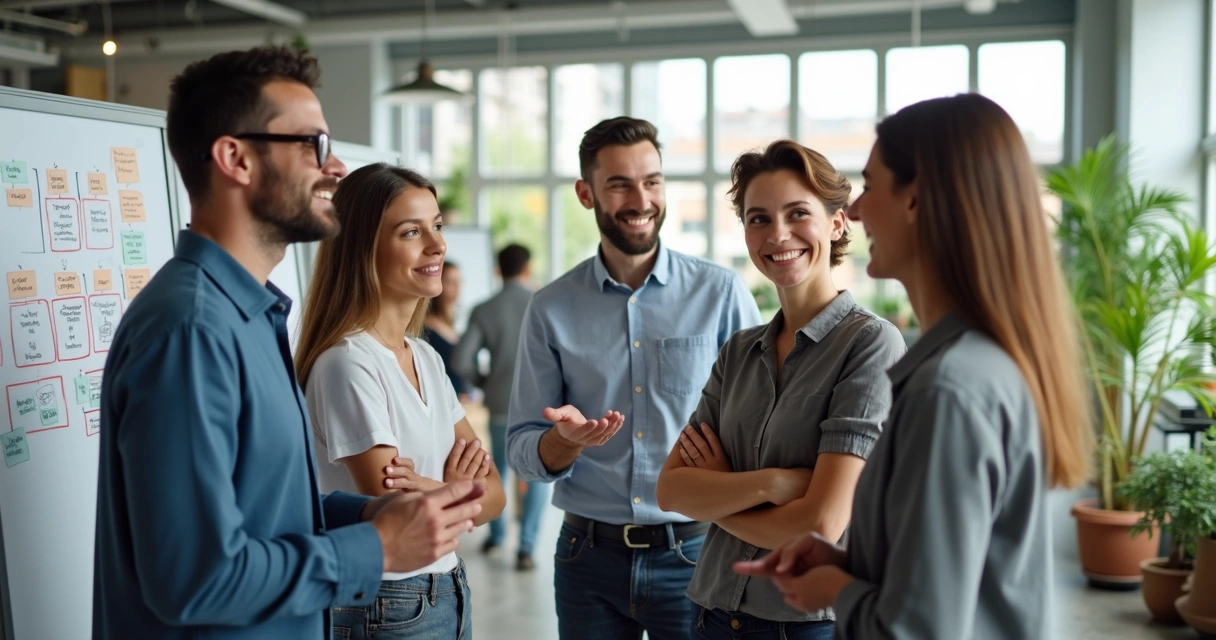 Team members engaging in positive office conversation 
