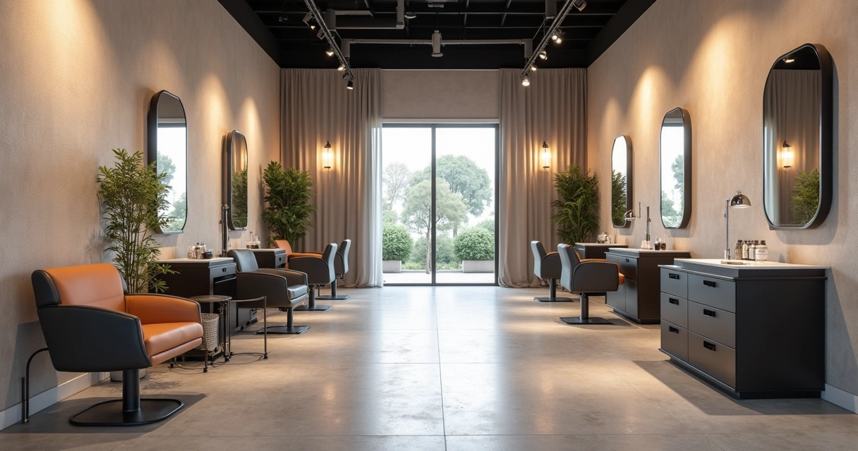 Modern salon waiting area with accessible seating and calm lighting