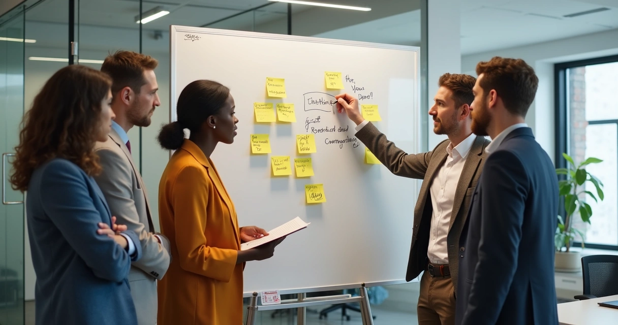 Team reviewing inclusion notes on a board together