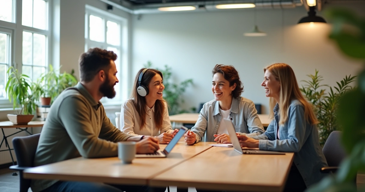 People with diverse backgrounds working together at a large table, one person wearing noise-canceling headphones, another using a tablet, natural light filling the room