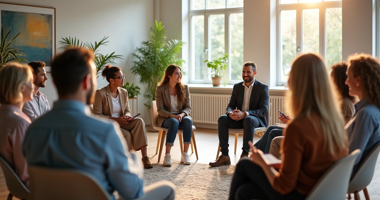 Team members of different backgrounds sharing in a supportive meeting. 