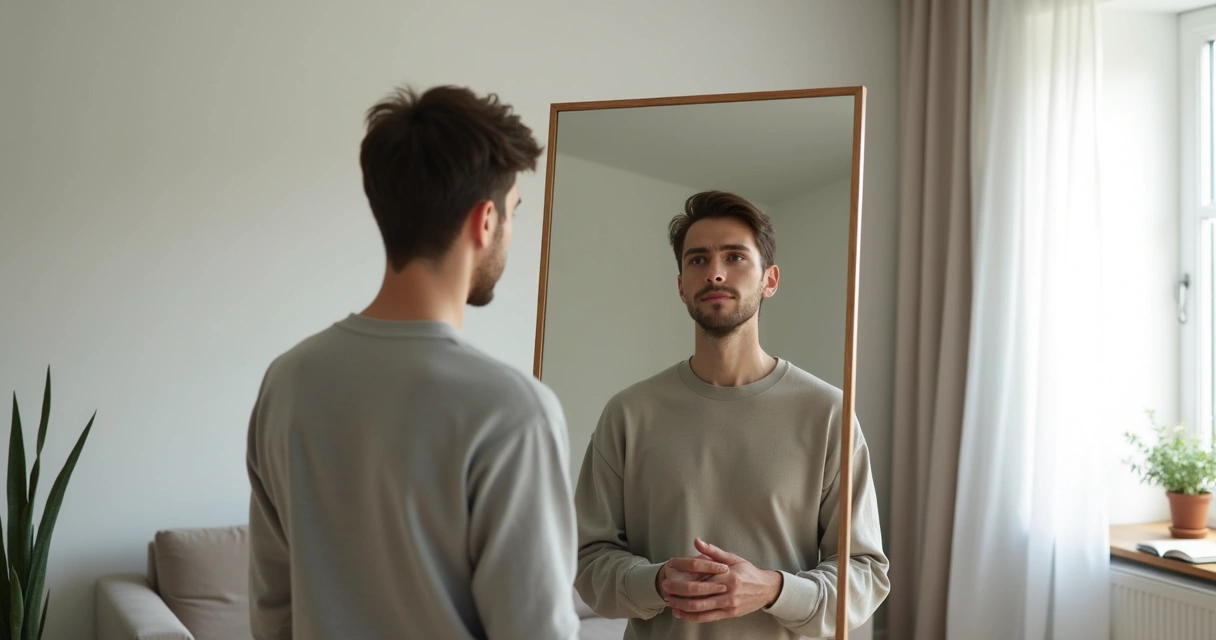 Pessoa se olhando no espelho com reflexo dividido entre calma e caos 