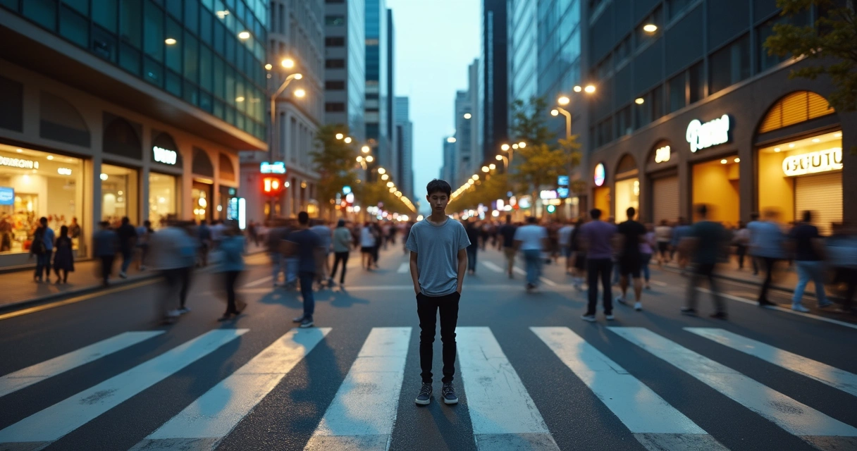 Persona en cruce urbano con múltiples sombras apuntando en diferentes direcciones 