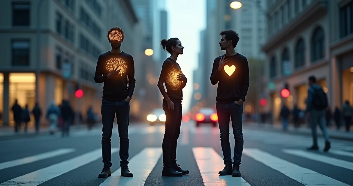 Persona dividida entre pensamiento emoción y acción en un entorno urbano 