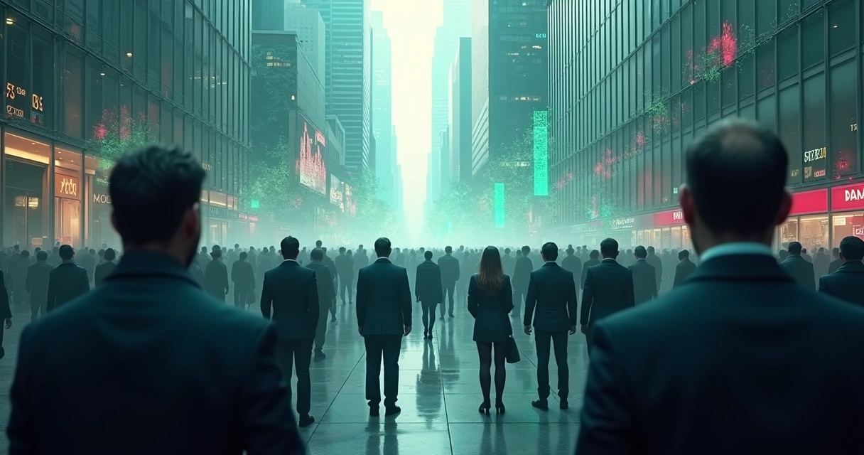 Multitud difuminada frente a gráficos financieros borrosos 