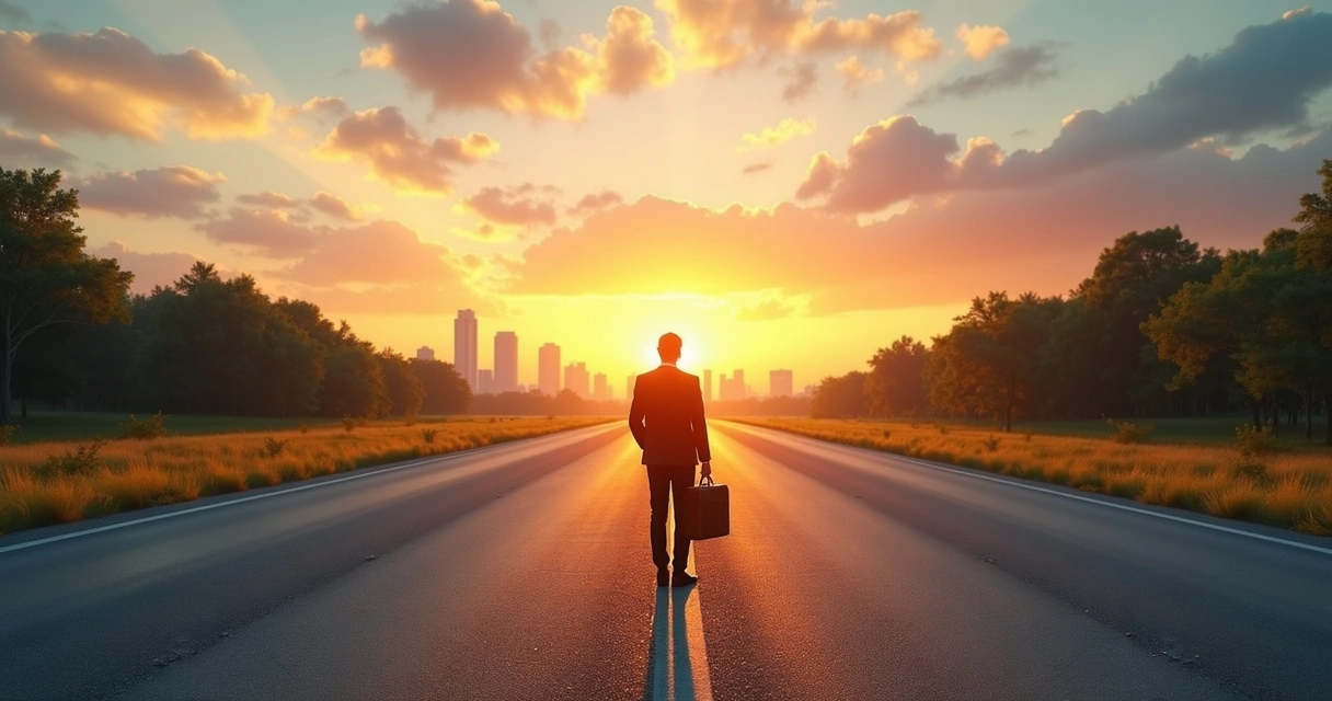 Caminhos divergentes em estrada, uma pessoa escolhendo direção 