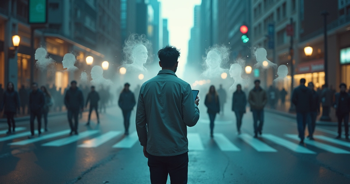 Persona caminando en ciudad con siluetas translúcidas alrededor representando el inconsciente colectivo influyendo en sus decisiones 