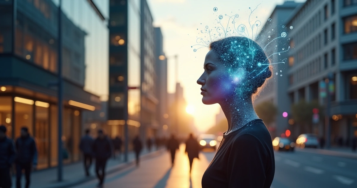 Silhouette of a person with a city skyline and interconnected minds above the head 