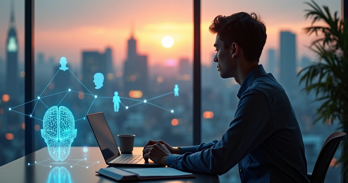 Profissional em escritório moderno conectado a uma rede de silhuetas humanas luminosas 