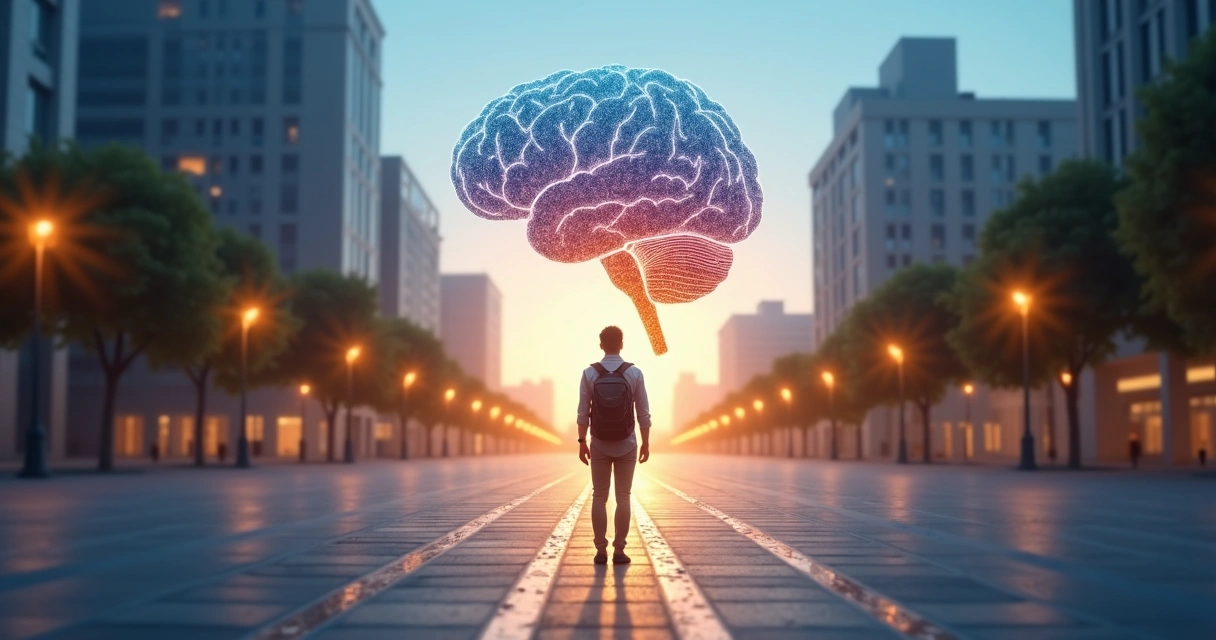 Profissional em cruzamento de caminhos com silhuetas humanas conectadas formando um cérebro gigante ao fundo 