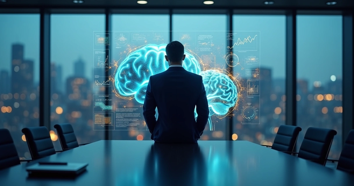 Executivo diante de parede transparente com cérebro e gráficos estratégicos sobrepostos 