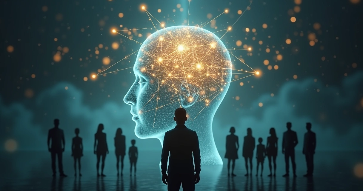 Pessoa diante de silhuetas conectadas por linhas representando padrões sistêmicos inconscientes 