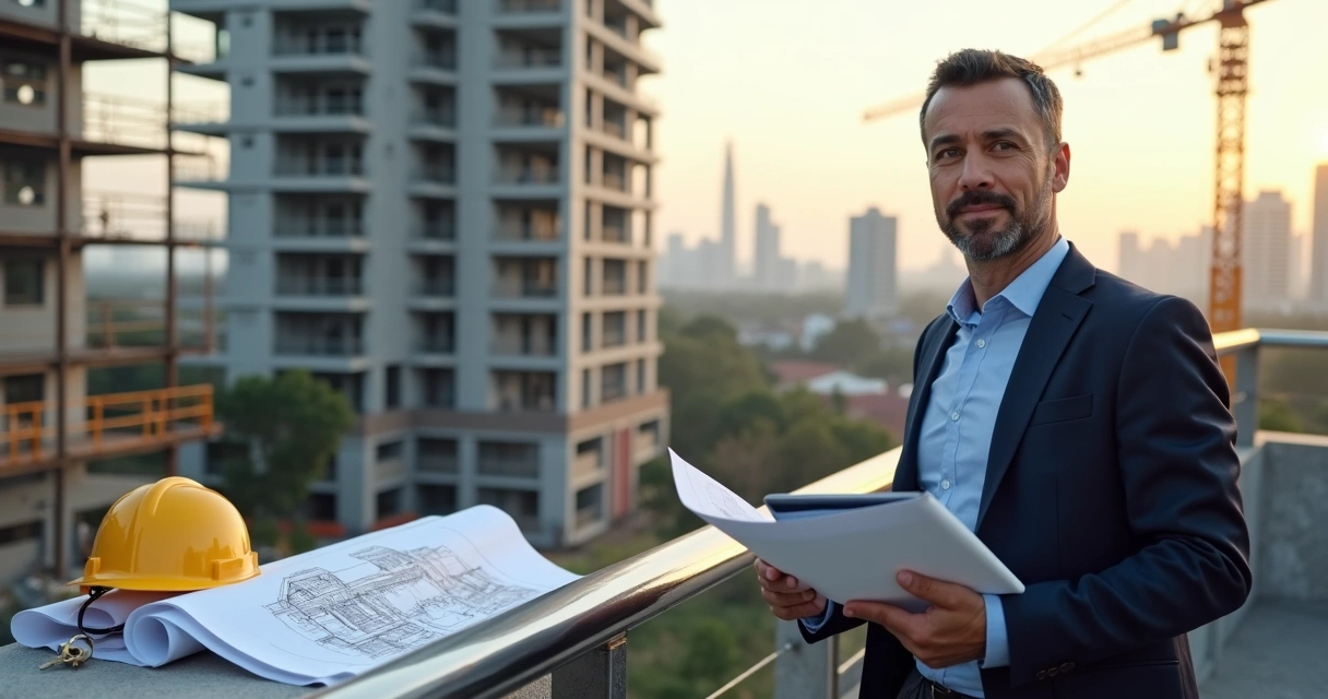 Advogado observa prédio em construção segurando documentos e tablet 