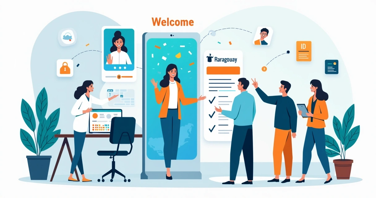 Equipo de recursos humanos da la bienvenida digital a nuevo empleado en pantalla gigante 