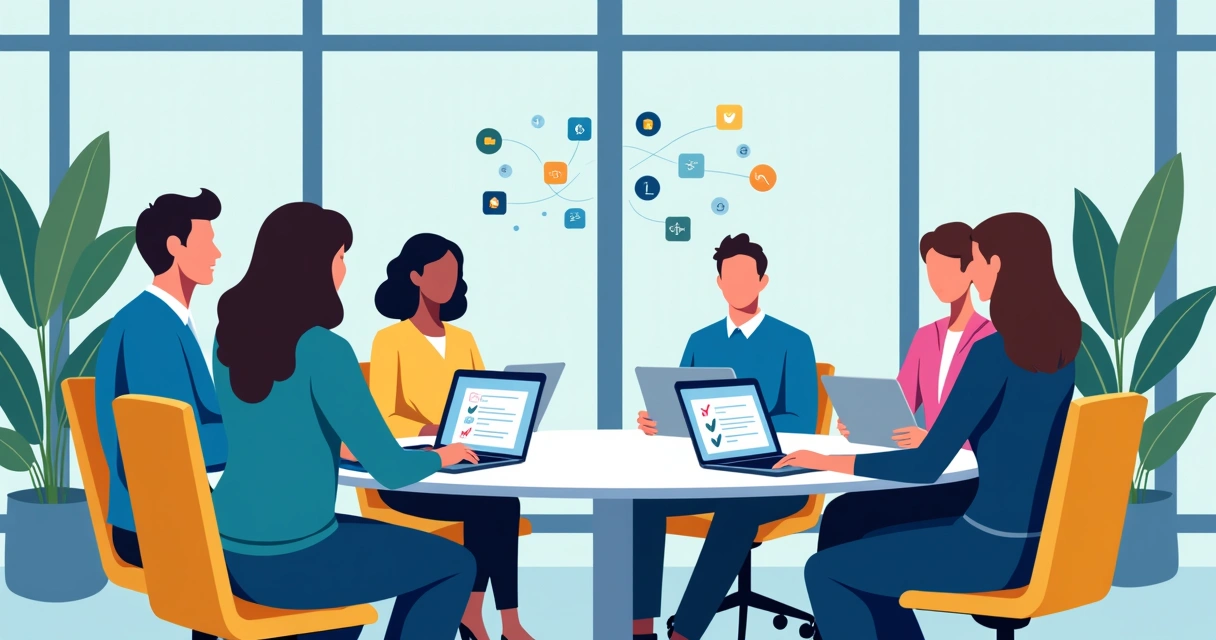 Equipo de trabajo en oficina utilizando computadoras y tabletas para proceso de incorporación digital