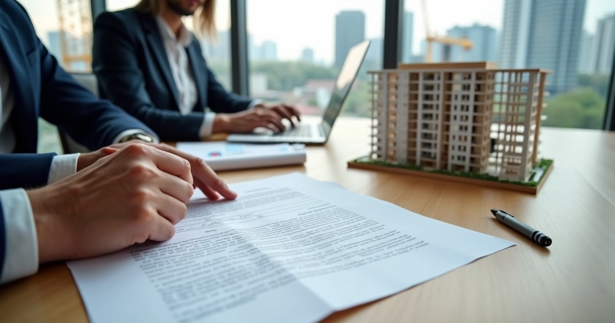 Incorporador imobiliário analisando contrato de venda na planta em reunião com cliente 