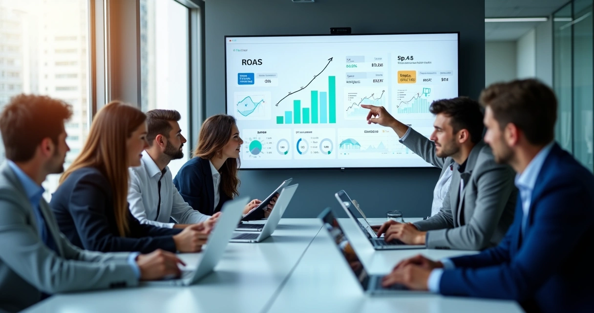 Business team reviewing digital marketing dashboard with rising ROAS graph 