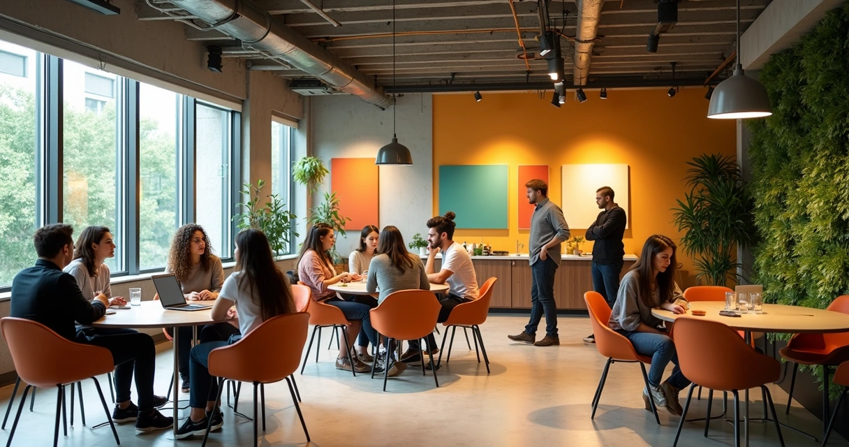 Espaço de incubadora universitária com startups e mentores discutindo 