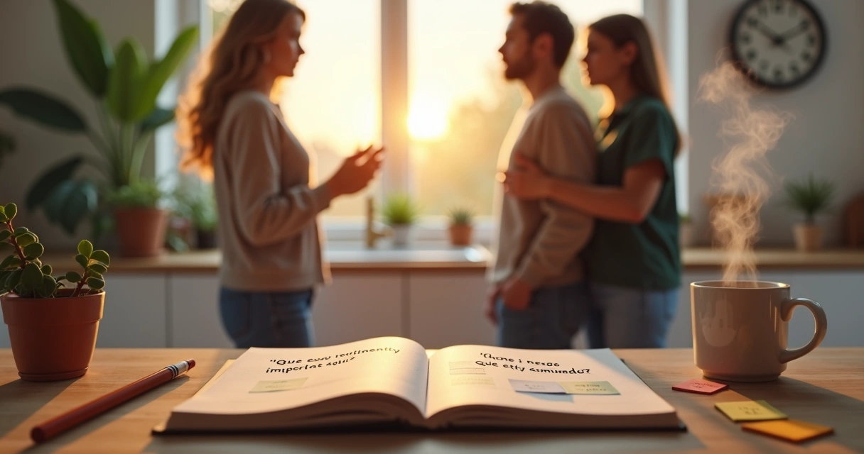 Dos personas en una cocina dialogando mientras una mesa muestra notas de reflexión filosófica 