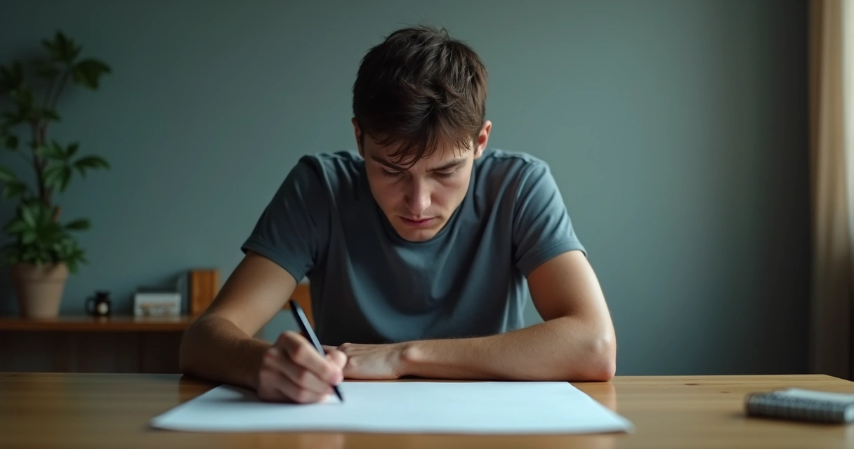 Pessoa sentada olhando para uma folha em branco, parecendo indecisa 